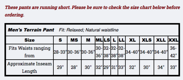 Sporthill Terrain II Pant Size Chart